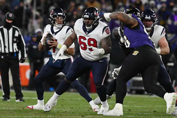 Texans quarterback C.J. Stroud drops back to pass against the Baltimore Ravens during the second quarter of a 2024 AFC divisional round game at M&T Bank Stadium